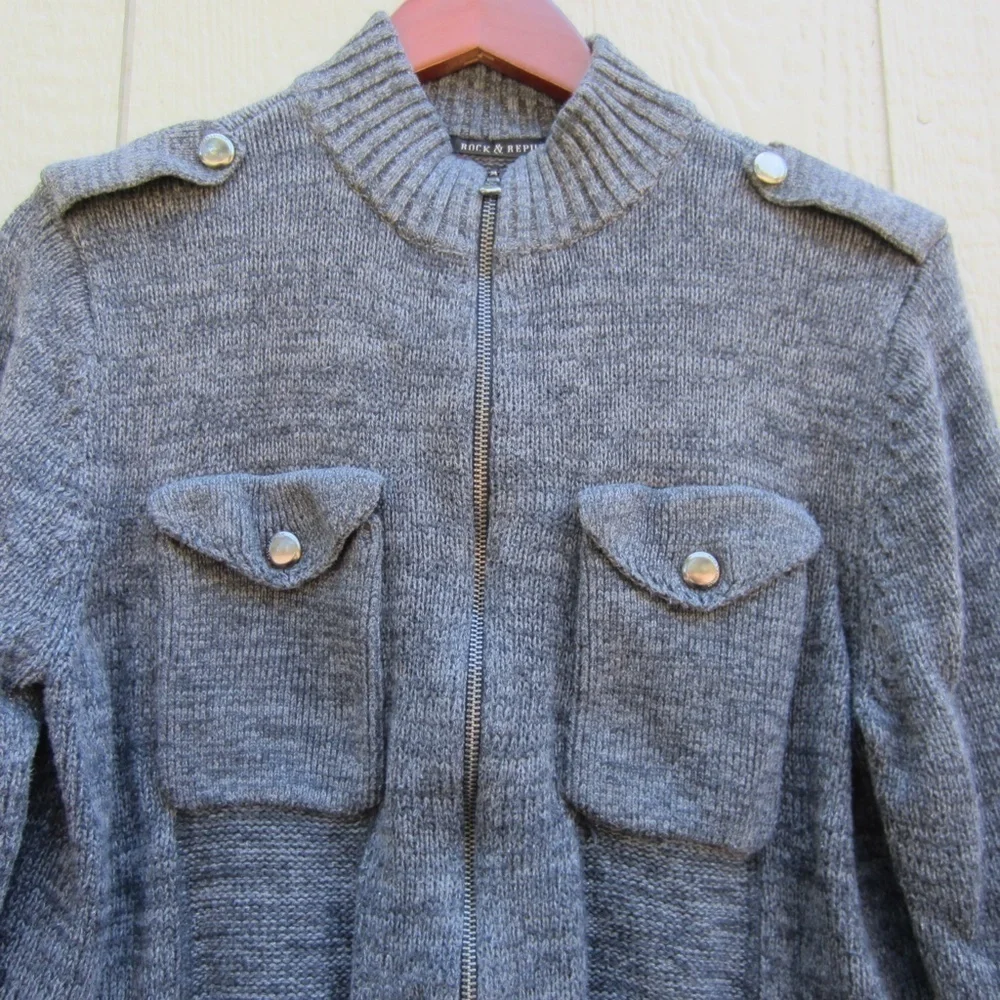 Rock & Republic Jacket Sweater Gray Long Sleeve Full Zip Men's‎ L Pockets Comfy